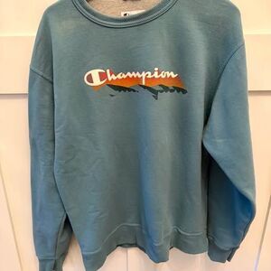 Men’s Retro Champion Crew Sweatshirt Green Blue Pullover Size Large